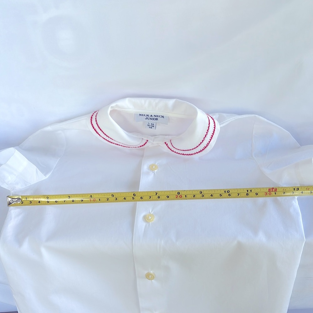 VINTAGE NWOT SPAIN NECK & NECK JUNIOR WHITE SHORT SLEEVE SHIRT RED TRIM 4TUNISEX - Picture 8 of 11